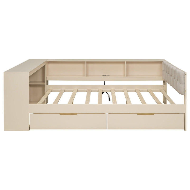 Upholstered Headboard Platform Bed With Storage Shelves, Drawers, Charging Station