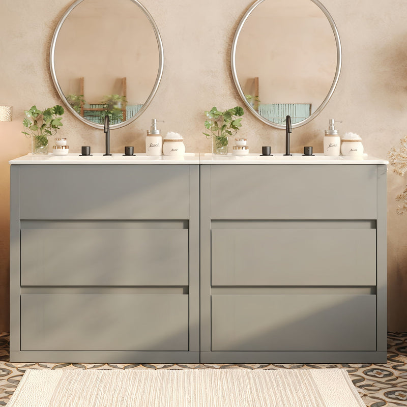 Double Sinks Bathroom Vanity Set With 2 Ceramic Basins