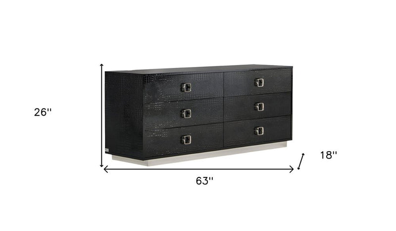 63" Black Wood Six Drawer Double Dresser