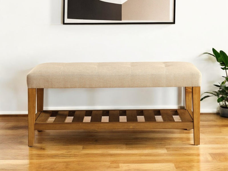 40" Light Gray And Brown Tufted Fabric And Solid Wood Upholstered Storage Bench With Shelves
