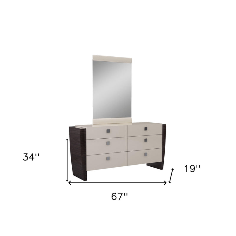 67" Beige And Dark Brown Solid Wood Six Drawer Double Dresser