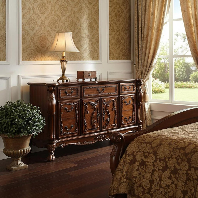 38" Brown Carved Scrollwork Solid Wood Two Door Seven Drawer Combo Dresser