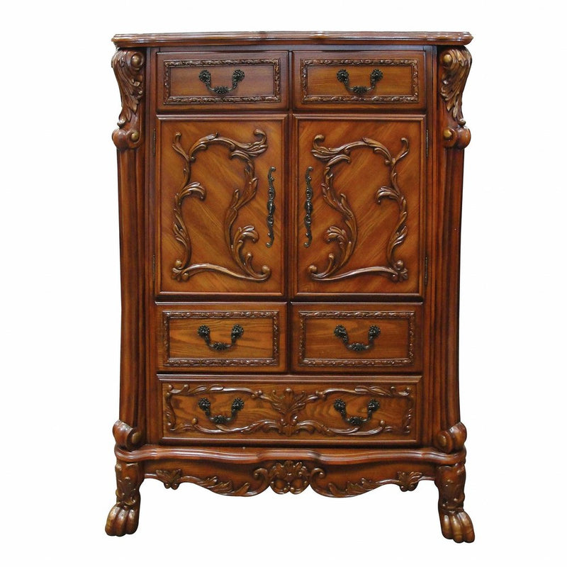 55" Brown Carved Scrollwork Solid Wood Two Door Five Drawer Combo Dresser