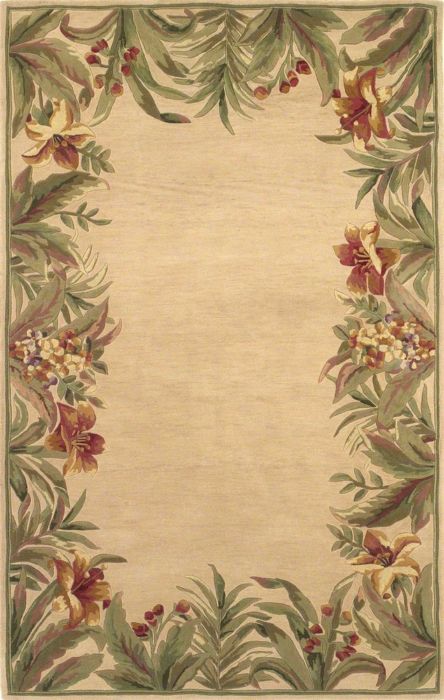 5' Beige Red And Green Wool Tropical Floral Hand Tufted Round Rug