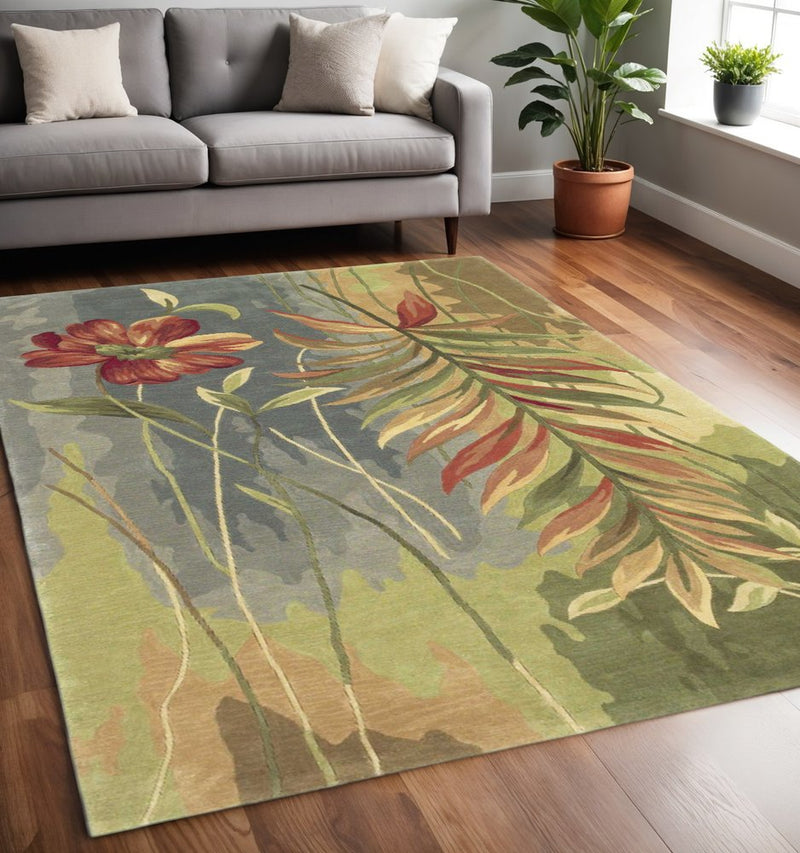 4' X 6' Blue And Green Wool Tropical Botanical Hand Tufted Area Rug