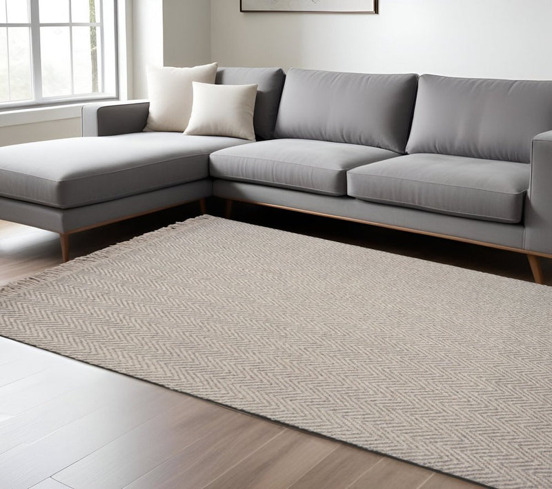 8' X 10' Beige And Gray Wool Chevron Hand Woven Area Rug With Fringe