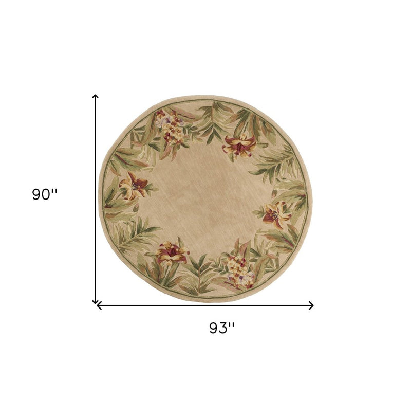 5' Beige Red And Green Wool Tropical Floral Hand Tufted Round Rug