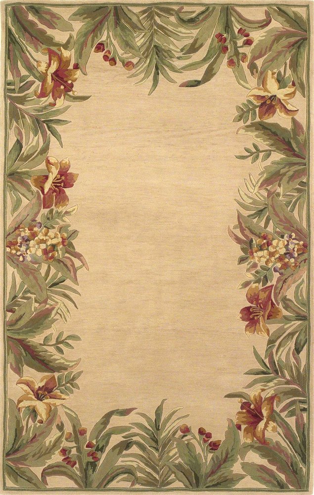 5' Beige Red And Green Wool Tropical Floral Hand Tufted Round Rug