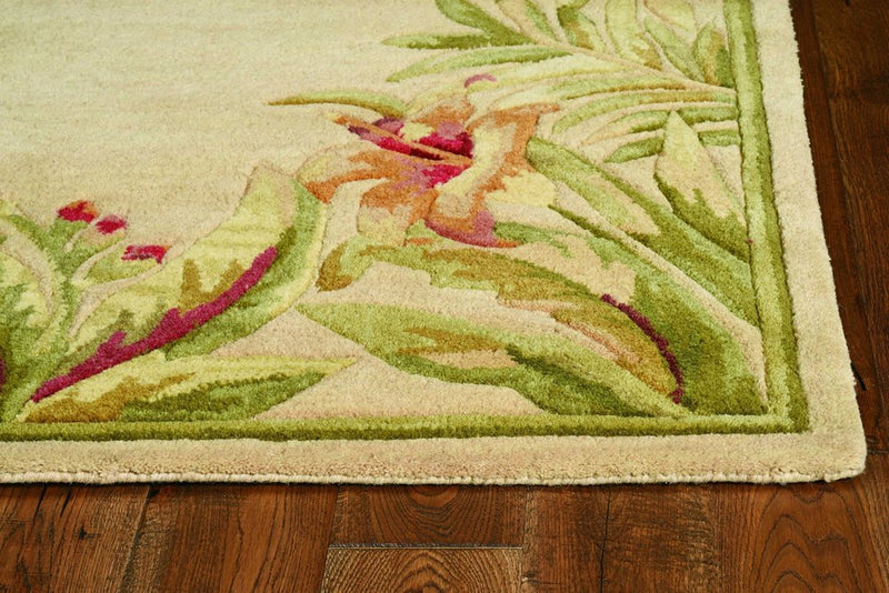 5' Beige Red And Green Wool Tropical Floral Hand Tufted Round Rug