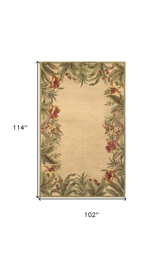 5' Beige Red And Green Wool Tropical Floral Hand Tufted Round Rug