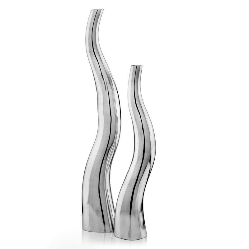 Set of Two Silver Aluminum Squiggly Vases