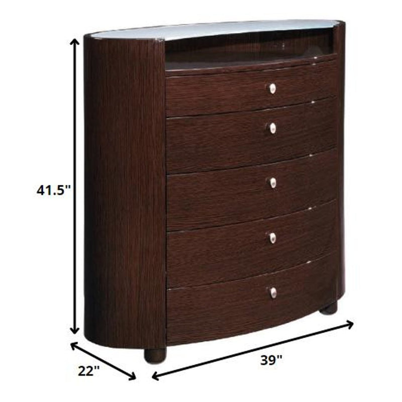39" Brown Wood And Glass Five Drawer Dresser