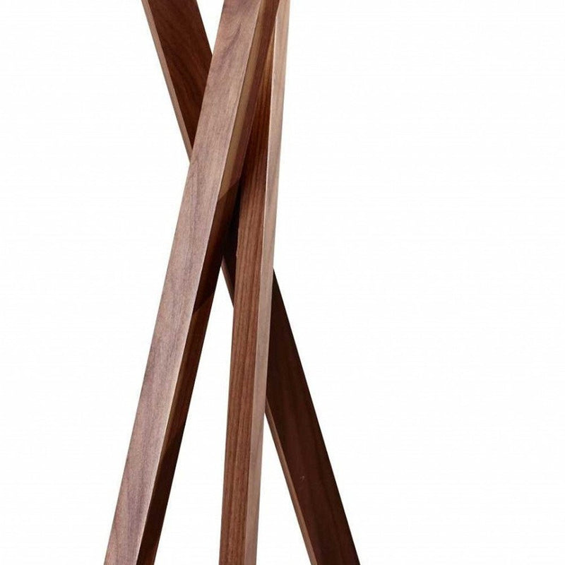 63" Brown And White Solid Wood Tripod Floor Lamp With White Linen Drum Shade