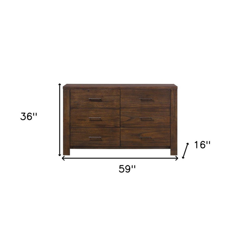 59" Brown Solid Wood And Brass Six Drawer Double Dresser
