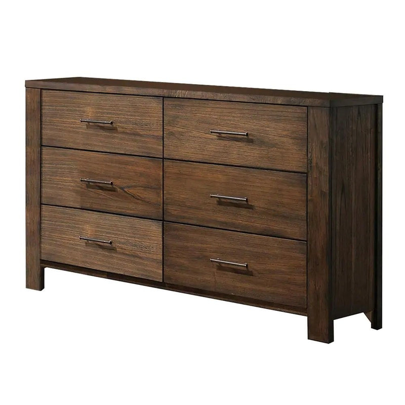 59" Brown Solid Wood And Brass Six Drawer Double Dresser