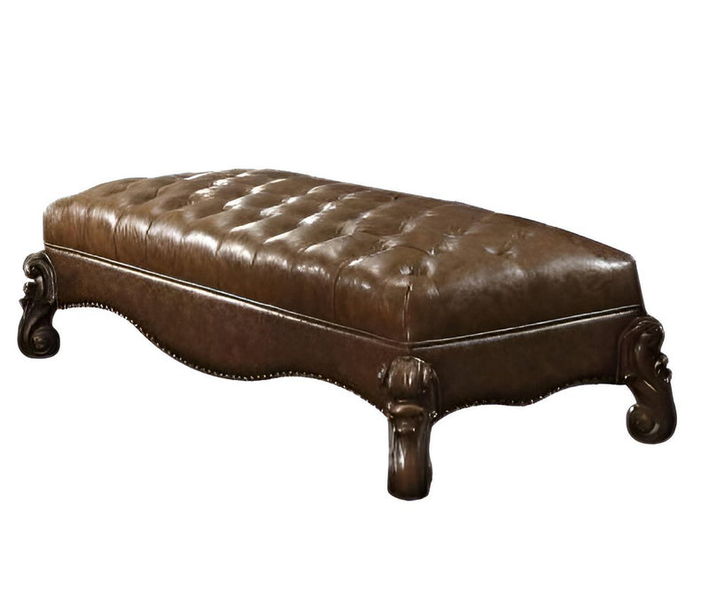 65" Brown Tufted Faux Leather Polyresin And Solid Wood Upholstered Bench