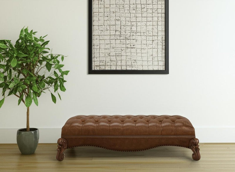 65" Brown Tufted Faux Leather Polyresin And Solid Wood Upholstered Bench