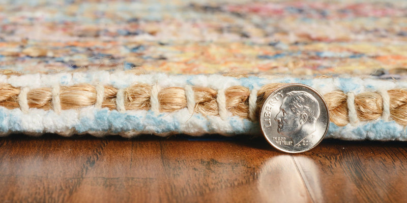 9' X 12' Blue And Beige Jute Floral Hand Woven Area Rug