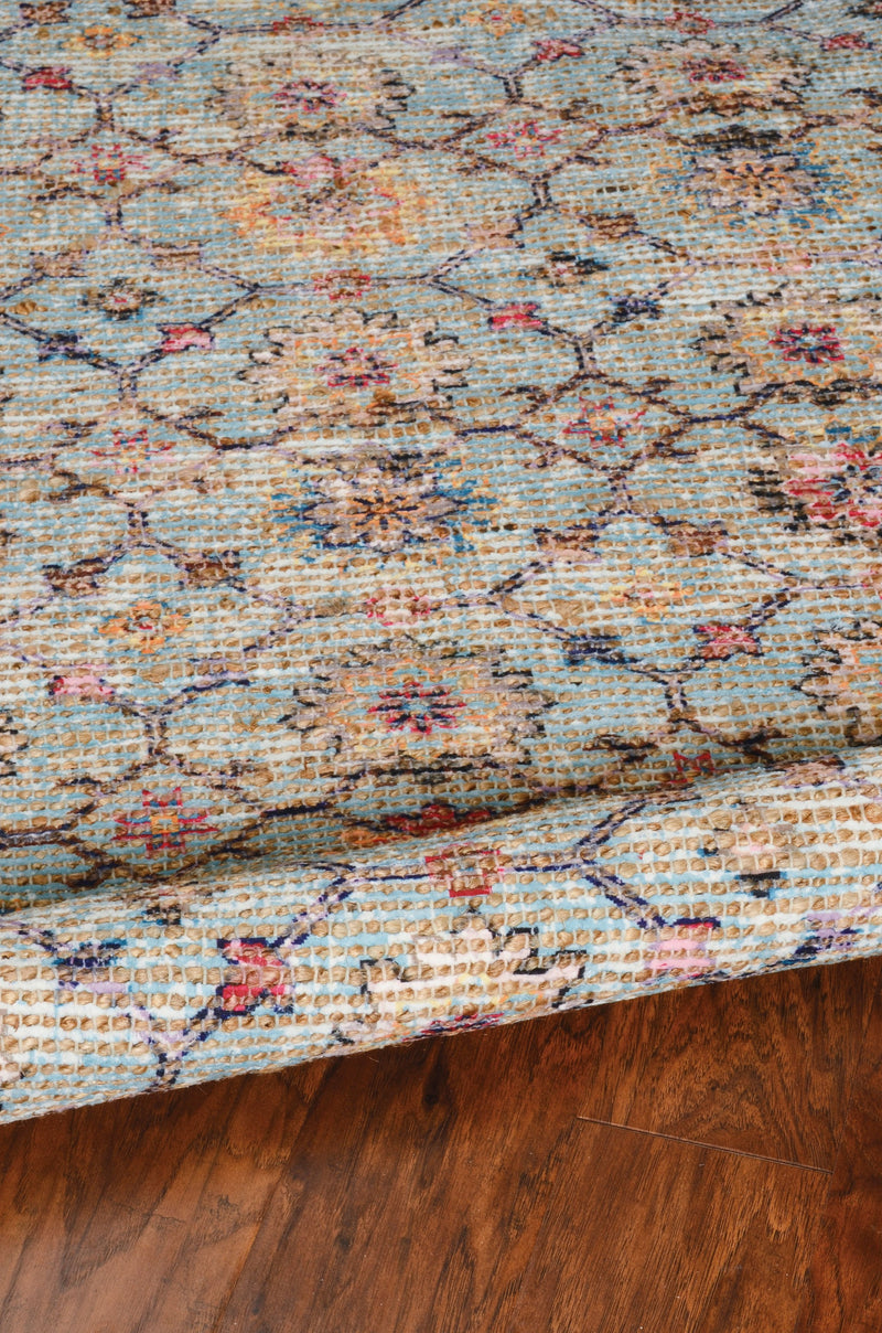9' X 12' Blue And Beige Jute Floral Hand Woven Area Rug