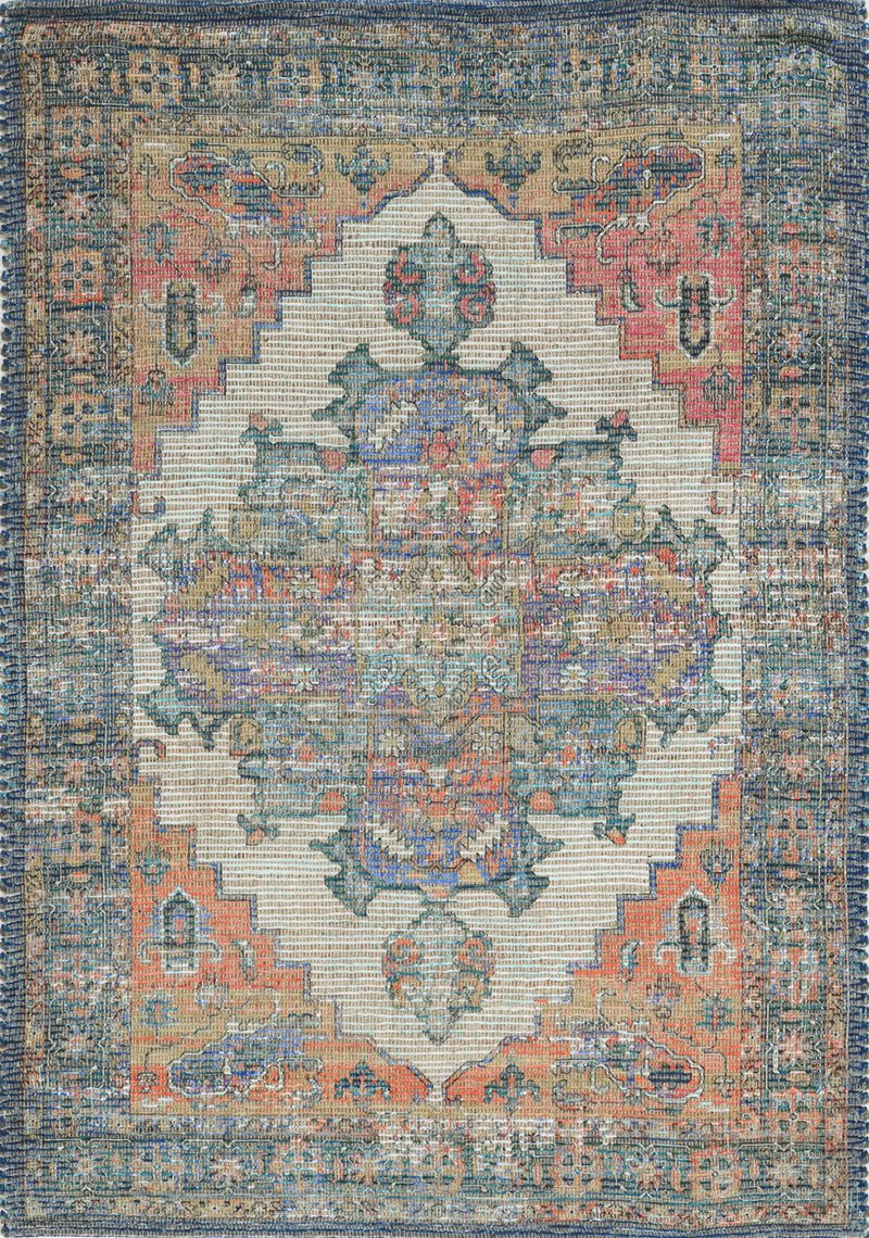 2' X 4' Blue Brick Red And Brown Jute Medallion Hand Woven Distressed Area Rug