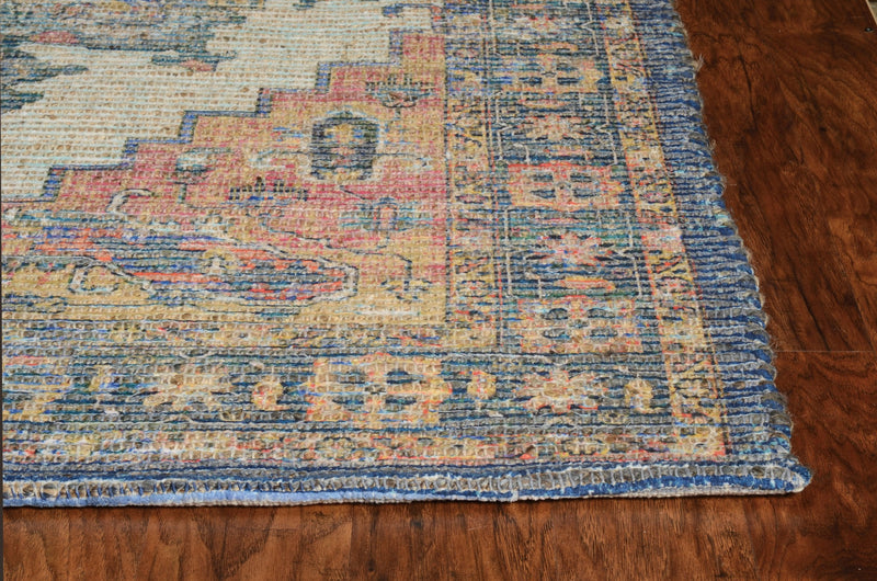 2' X 4' Blue Brick Red And Brown Jute Medallion Hand Woven Distressed Area Rug