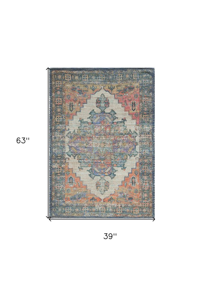 2' X 4' Blue Brick Red And Brown Jute Medallion Hand Woven Distressed Area Rug