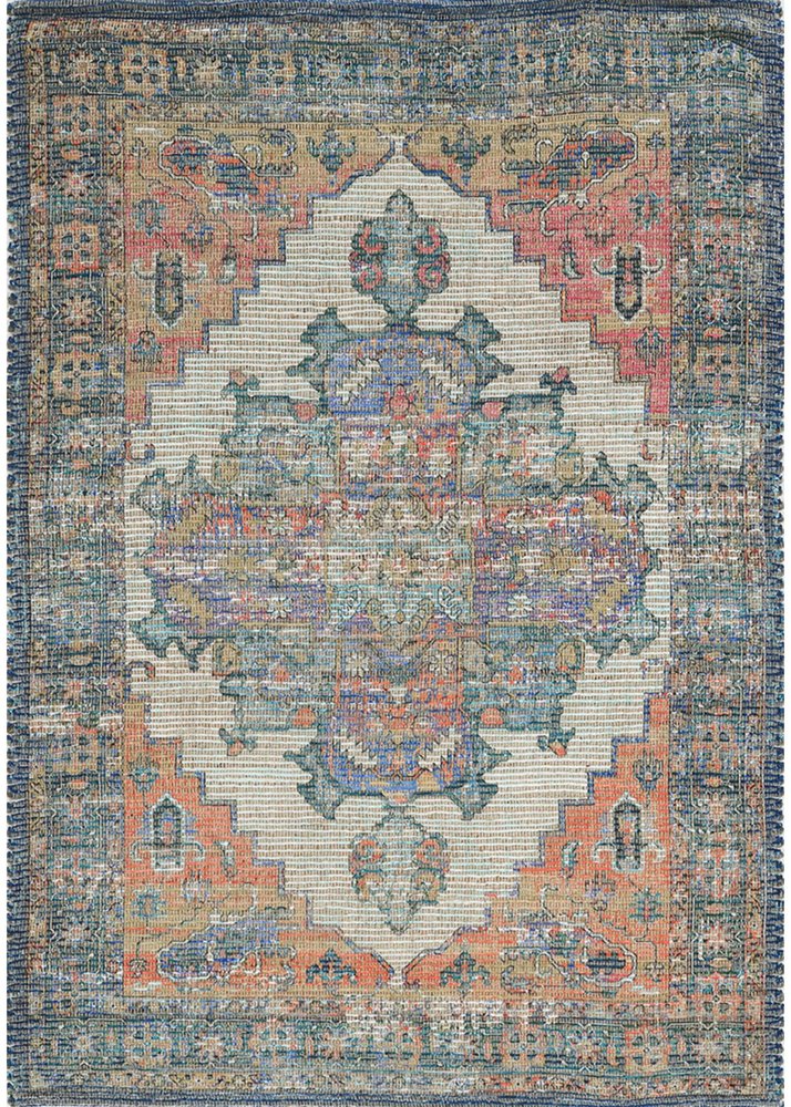 2' X 4' Blue Brick Red And Brown Jute Medallion Hand Woven Distressed Area Rug
