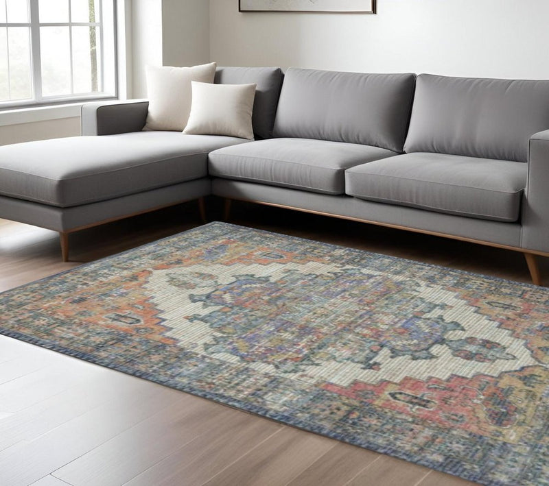 2' X 4' Blue Brick Red And Brown Jute Medallion Hand Woven Distressed Area Rug