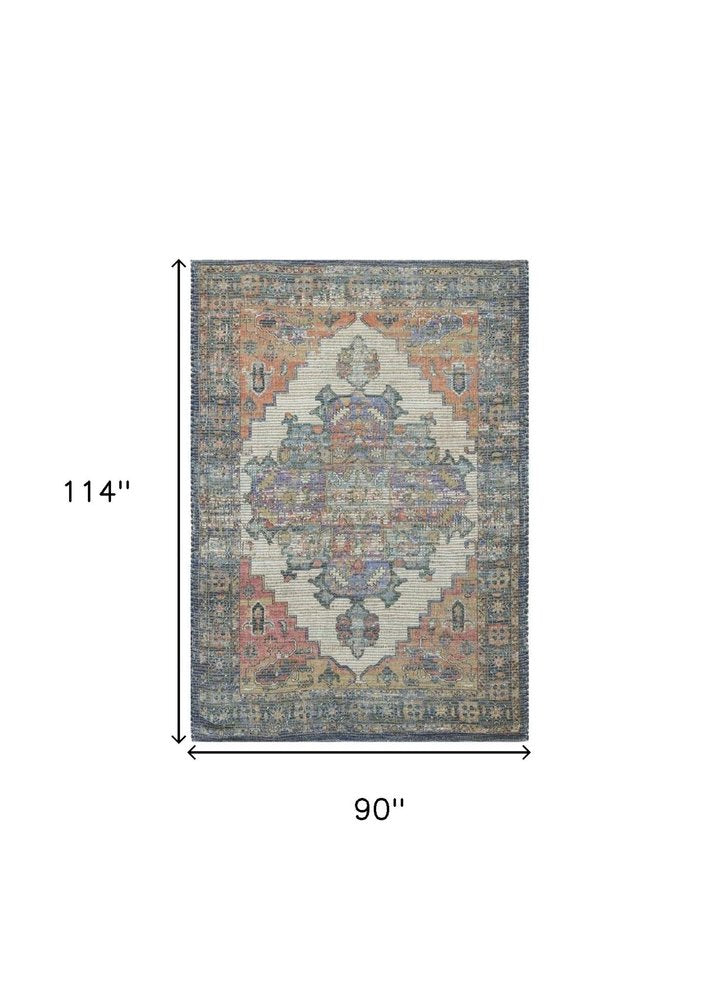 2' X 4' Blue Brick Red And Brown Jute Medallion Hand Woven Distressed Area Rug