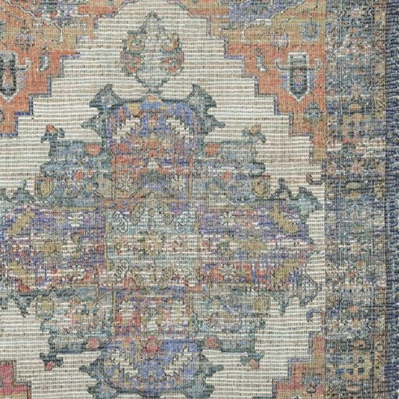 2' X 4' Blue Brick Red And Brown Jute Medallion Hand Woven Distressed Area Rug