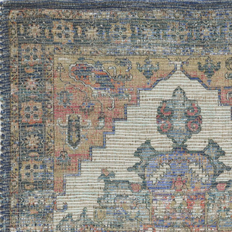2' X 4' Blue Brick Red And Brown Jute Medallion Hand Woven Distressed Area Rug