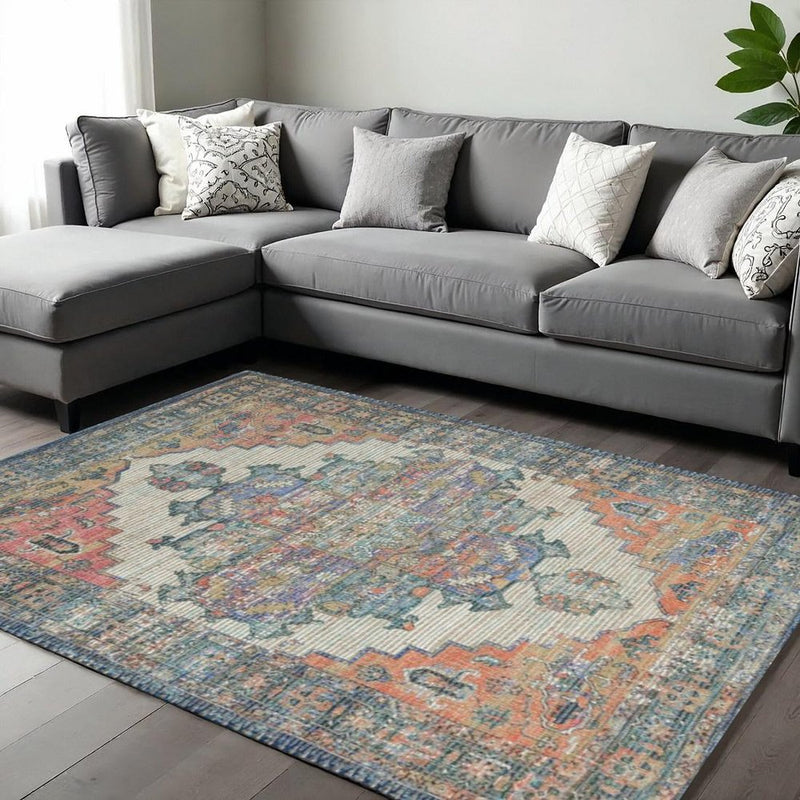 2' X 4' Blue Brick Red And Brown Jute Medallion Hand Woven Distressed Area Rug