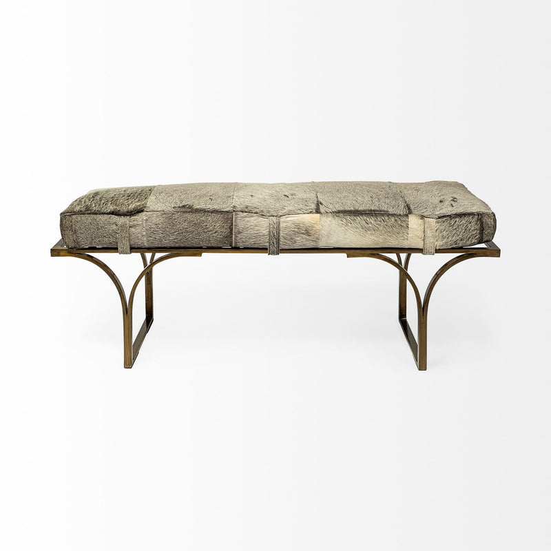 55" Gray And Antiqued Brass Faux Fur And Iron and Faux Fur Entryway Stool