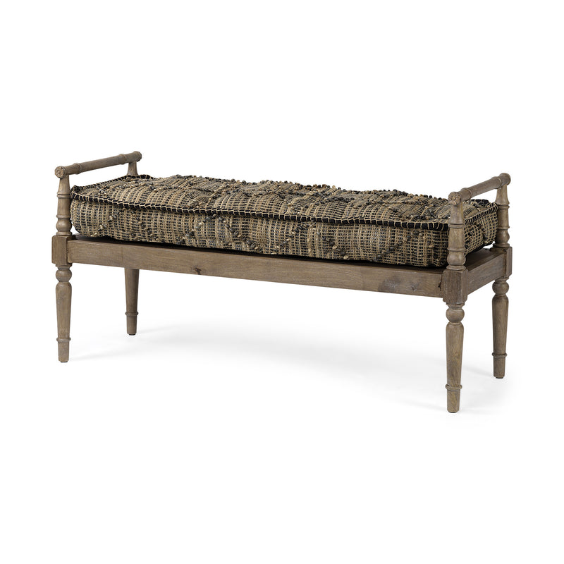 57" Beige And Brown Jute And Solid Wood Upholstered Entryway Stool