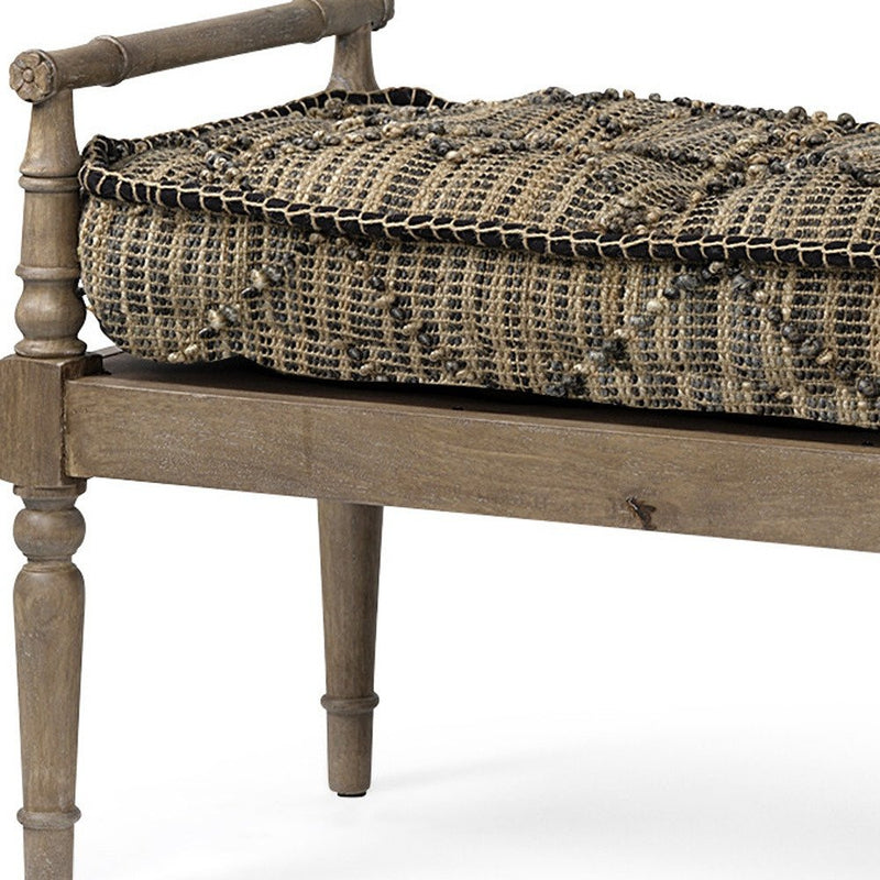 57" Beige And Brown Jute And Solid Wood Upholstered Entryway Stool