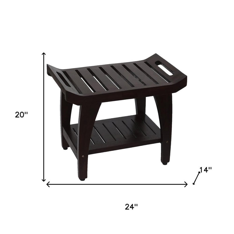 Contemporary Teak Shower Bench With Shelf And Handles In Brown Finish