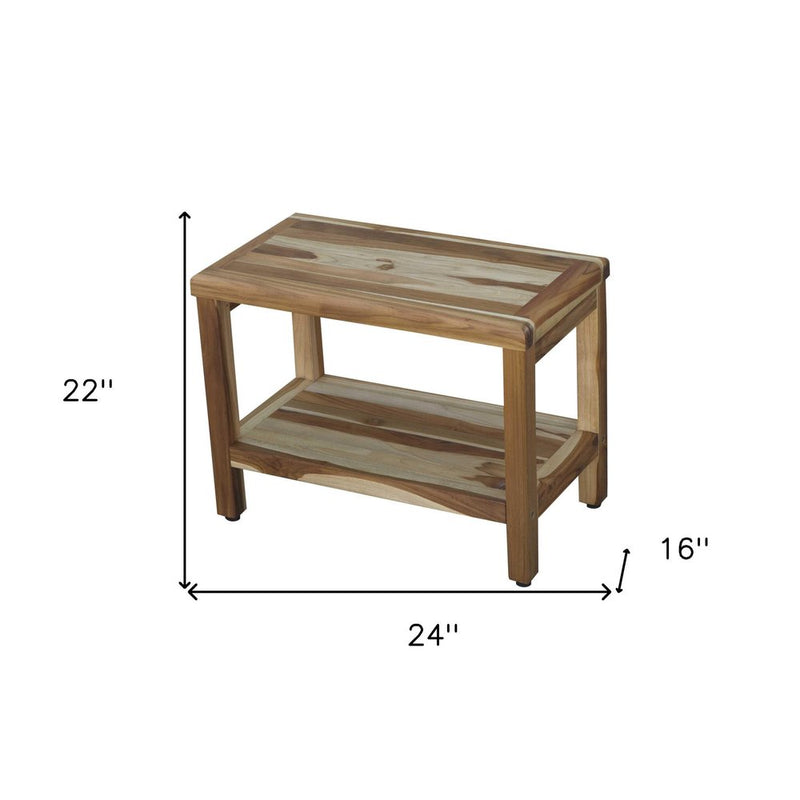 24" Natural Teak Rectangular Shower Bench With Shelf