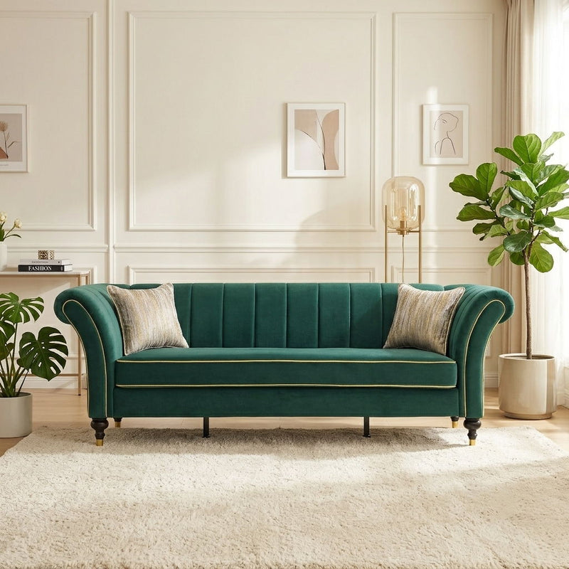 3 Seater Sofa With Rolled Arms, Vertical Channel Tufted Backrest