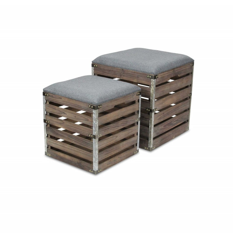 Set of Two 16" Gray Linen Upholstered Storage Square Entryway Stool With Flip Top
