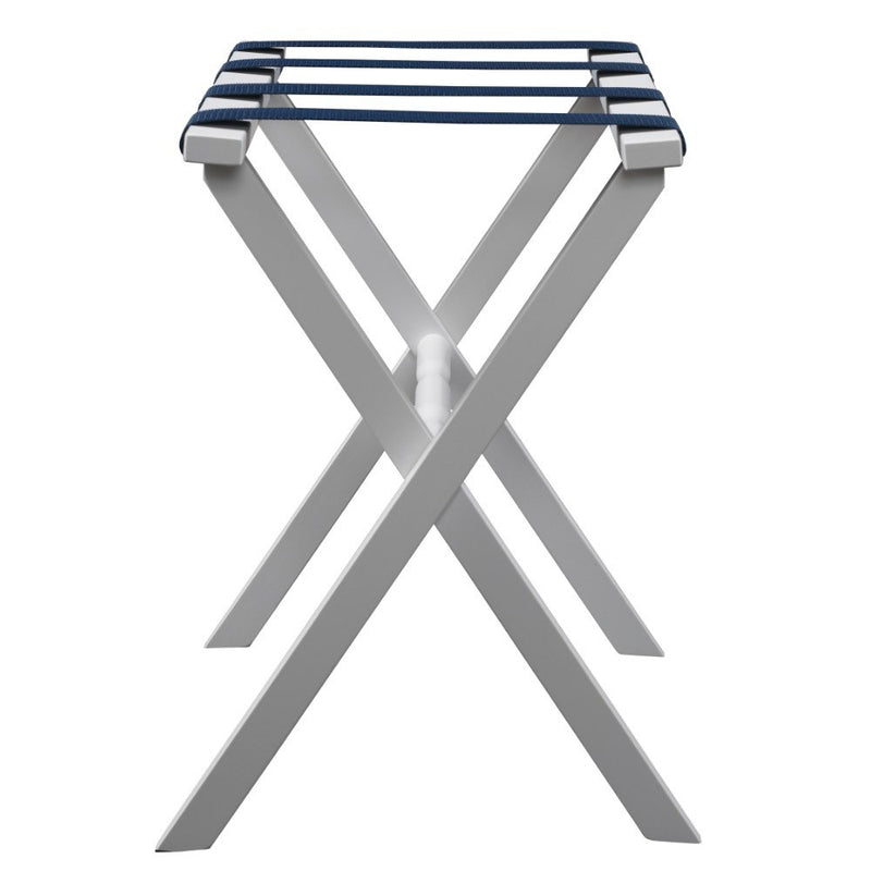 Hotel White Finish Wood Folding Luggage Rack With Navy Straps
