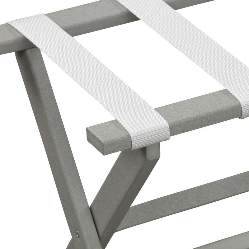 Earth Friendly Light Gray Folding Luggage Rack With White Straps