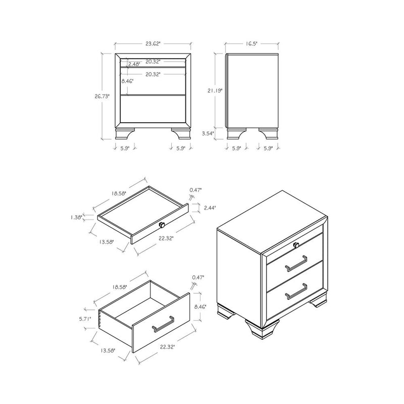 27" White Wood Two Drawer Nightstand