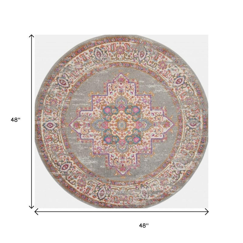 4' Gray And Gold Medallion Distressed Round Rug