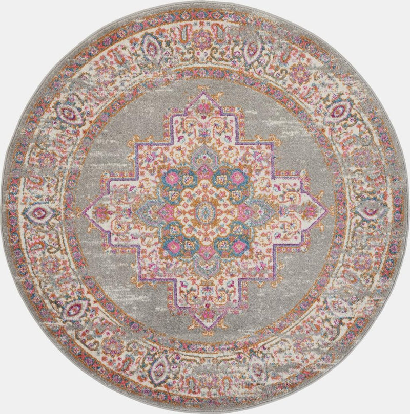 4' Gray And Gold Medallion Distressed Round Rug