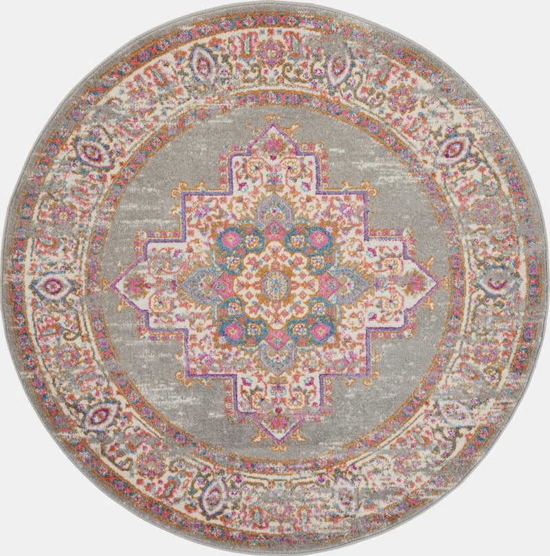 4' Gray And Gold Medallion Distressed Round Rug