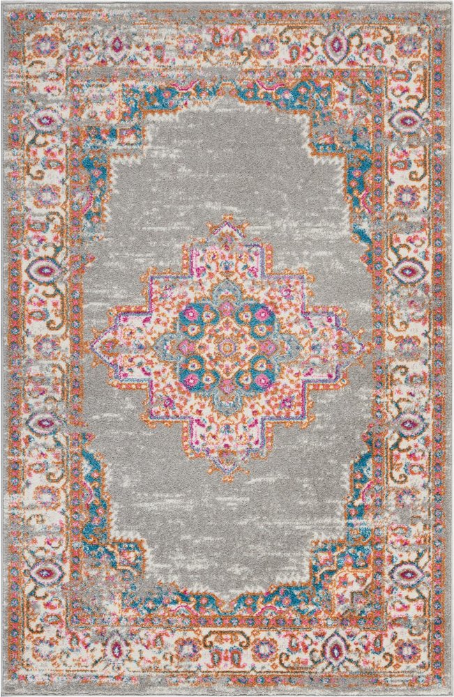 4' Gray And Gold Medallion Distressed Round Rug