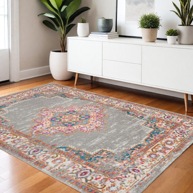 4' Gray And Gold Medallion Distressed Round Rug