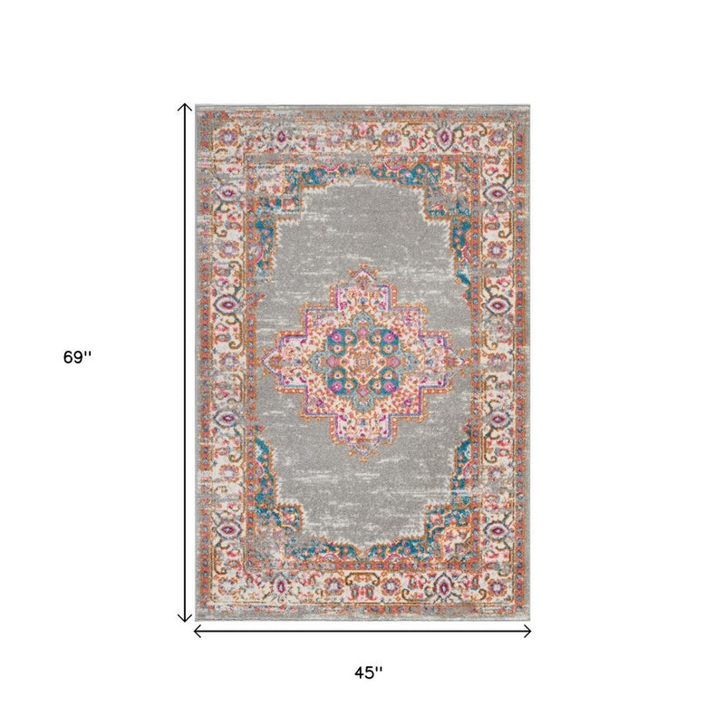 4' Gray And Gold Medallion Distressed Round Rug