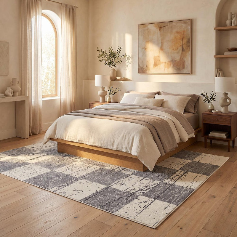 5' X 8' White And Gray Checkered Area Rug