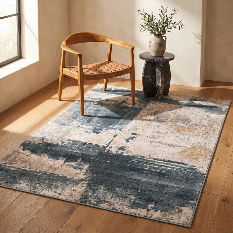 5' X 7' Blue And Ivory Abstract Dhurrie Area Rug
